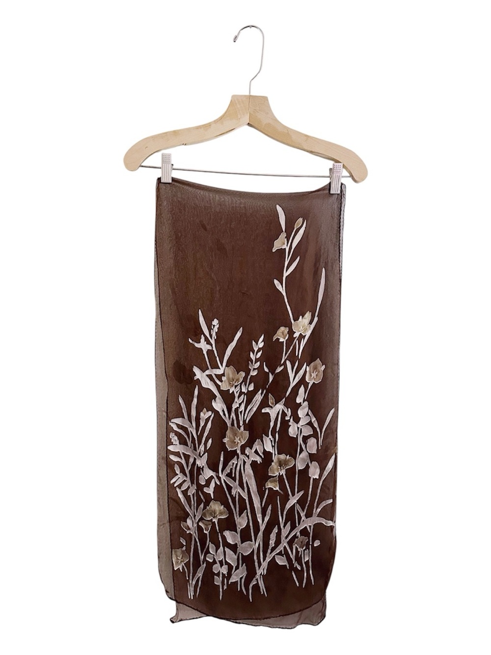 Vintage Silk Flocked Velvet Brown Floral Scarf Shawl